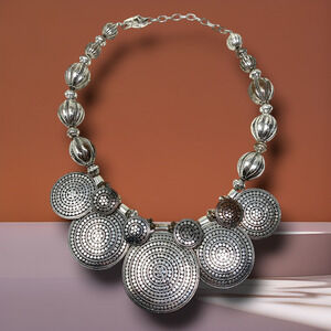 Vintage St. Thomas Silver Tone Multi Disc Textured Circle Statement Necklace